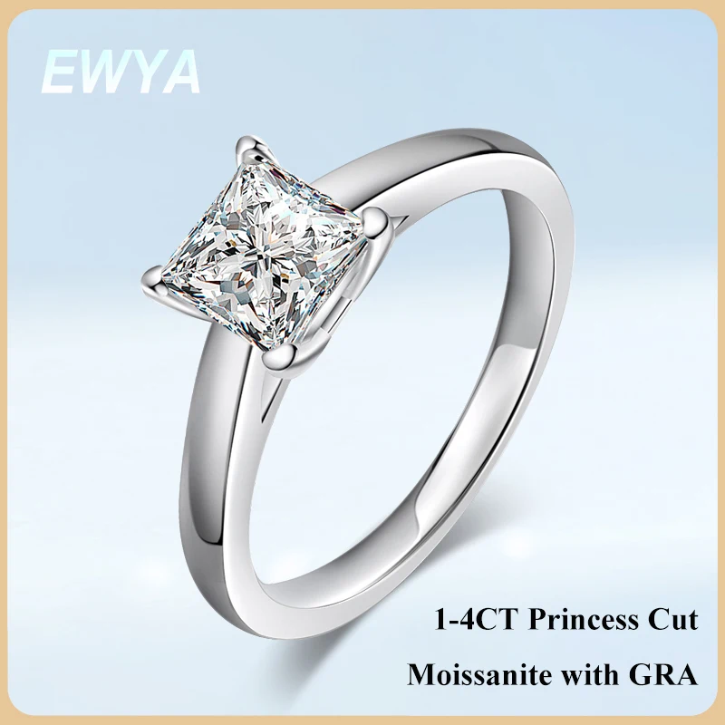 EWYA Princess Cut 0.6/1/2/3/4CT D Color VVS1 Moissanite Engagement Ring for Women Female Bridal Proposal Rings Wedding Band Gift