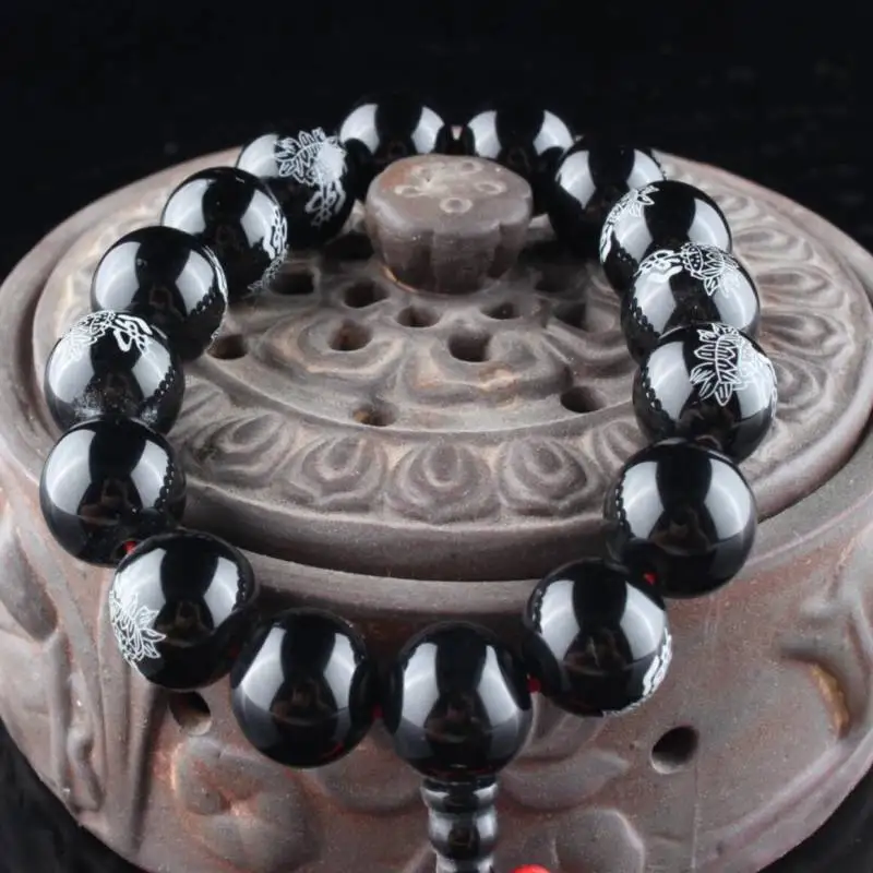 10 MM Buddha Lotus Black Agate Mala Cuff Bracelet Eco-Friendly Charm Unisex Prayer