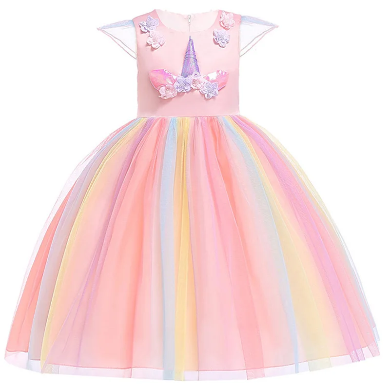 Colorful Girls Unicorn Dress Pastel Rainbow Tulle Princess Girl Birthday Party Dresses Child Halloween Unicorn Perform Costumes