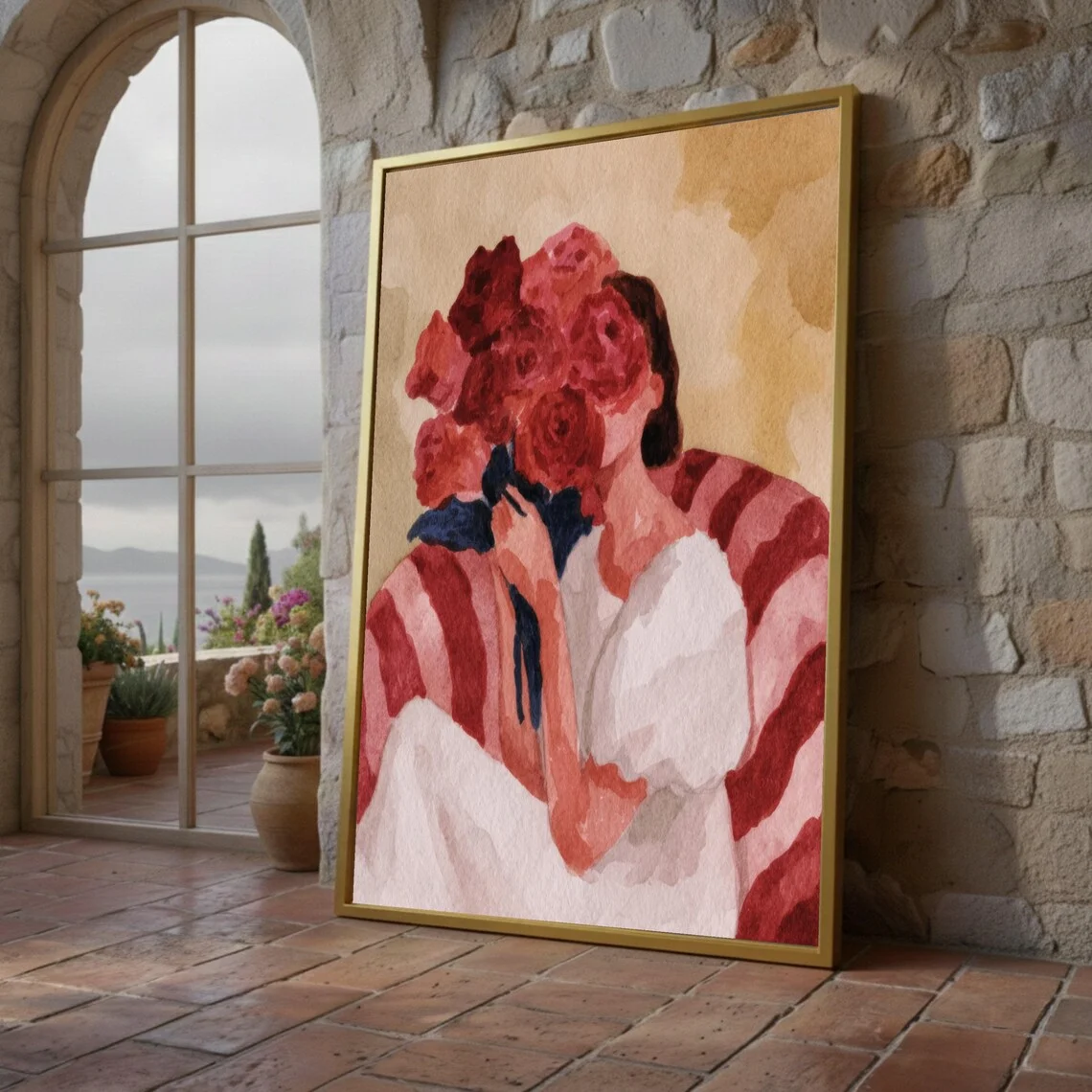 Cozy Floral Bouquet Canvas, Woman Holding Flowers, Soft Minimal Wall Art, Romantic Home Decor, Floral Print Canvas