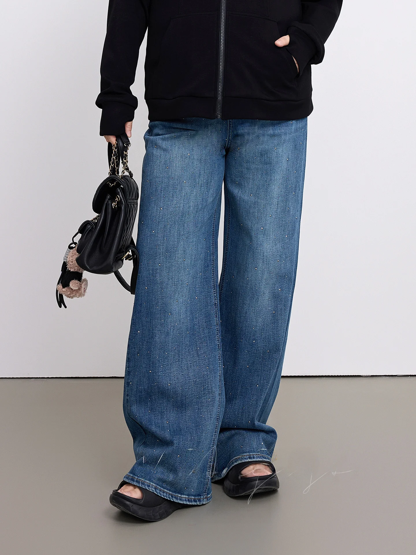 

Retro High Waist Diamond Embellied Straight Leg Jeans plus Size Spring New Women's Faion Slimming Long Trousers