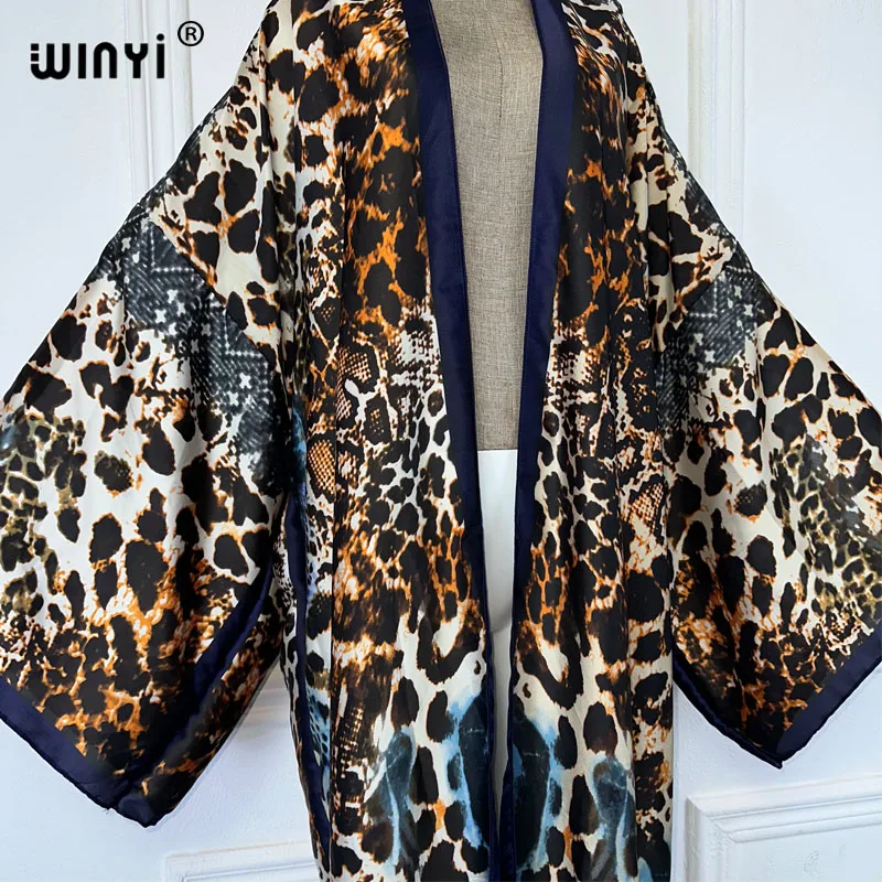 WINYI boho Leopard print Kimonos loose dresses for woman Cardigans beach outfits kaftan cover up evening dress long down coat