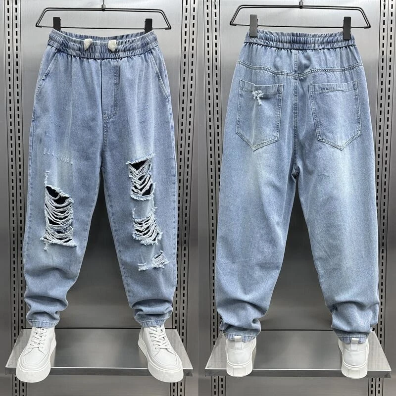 

Large Size Men's Jeans High Waist Straight Leg Thin Waed Hole Harem Pants Spring Summer Slimming Trendy Youth Faion