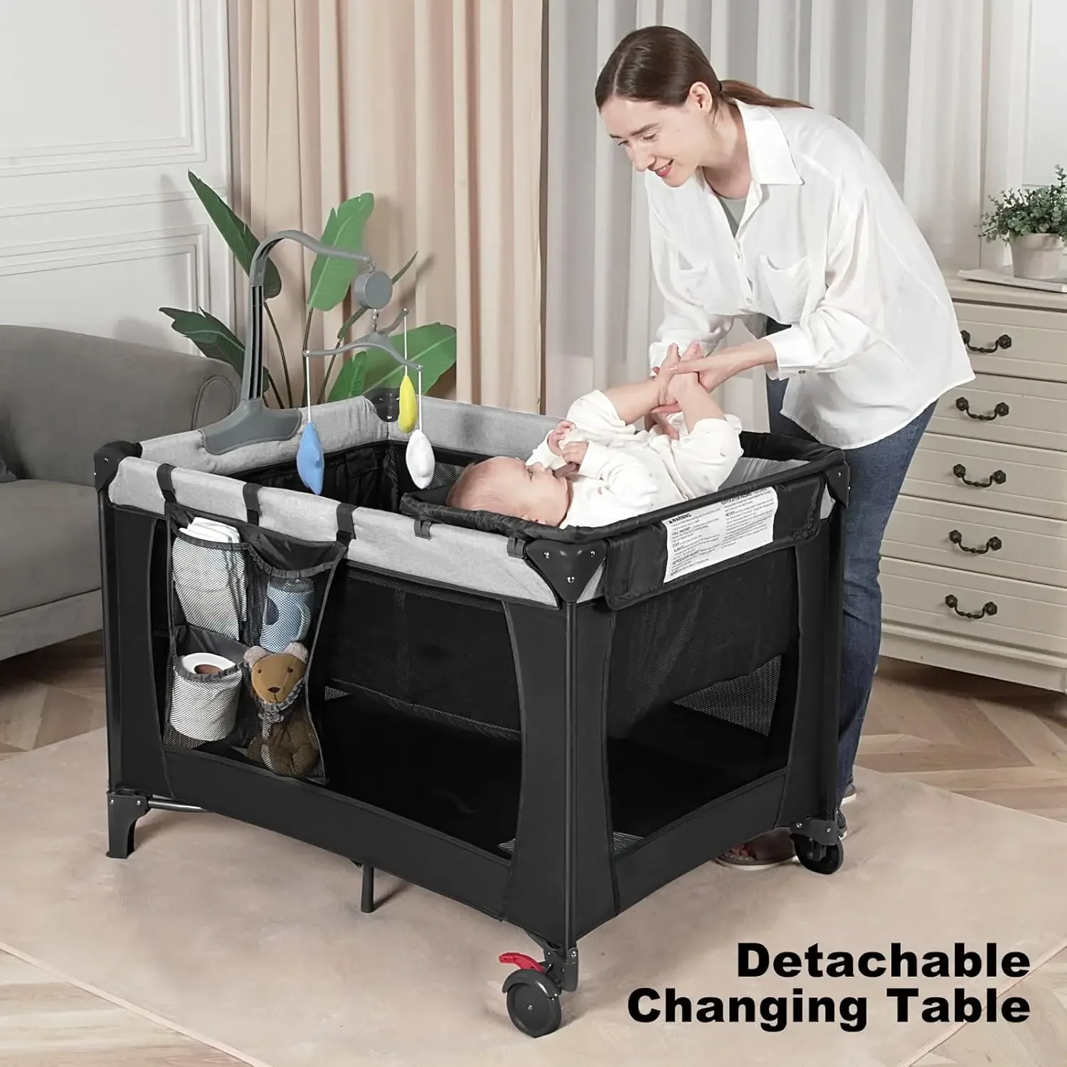 

Travel Crib, with Changing Table, Portable Pack and Play, with Carry Bag, Foldable, Portable Crib for Toddlers 1-3(Black)