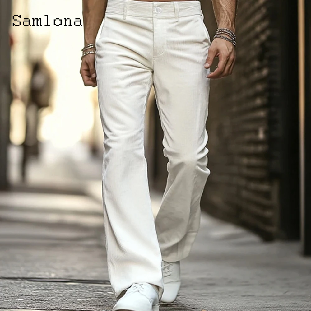 

2025 Men's Stand Pocket Casual Boot Cut Pants Solid White Brown Full-Length Trouser Plus Size Mens Fashion Basic Flare Pants New