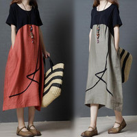 Women Summer Dress Korean Loose Patchwork Women's Clothing Fashion Cotton Linen Contrast Color Round Neck Dress GGF008