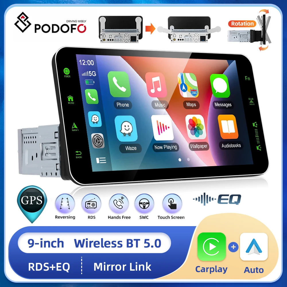 

Podofo 1din Car stereo Radio MP5 Player with Magnetic phone holders Wireless Carplay Android auto Navi FM AM RDS Radio