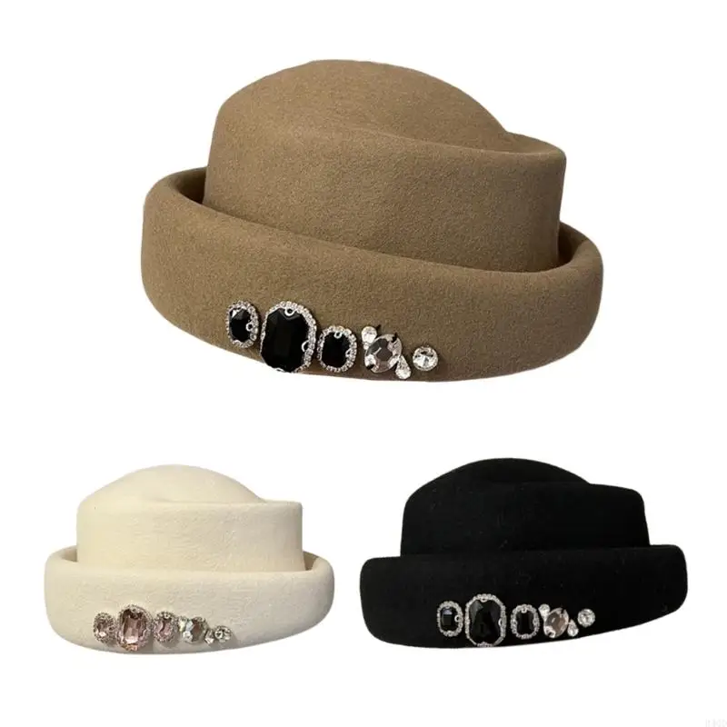 

340D French Rhinestones Top Hat for Cold Weather Female Bonnet Hat Autumn Winter Woolen Hat Warm Headwear Accessories