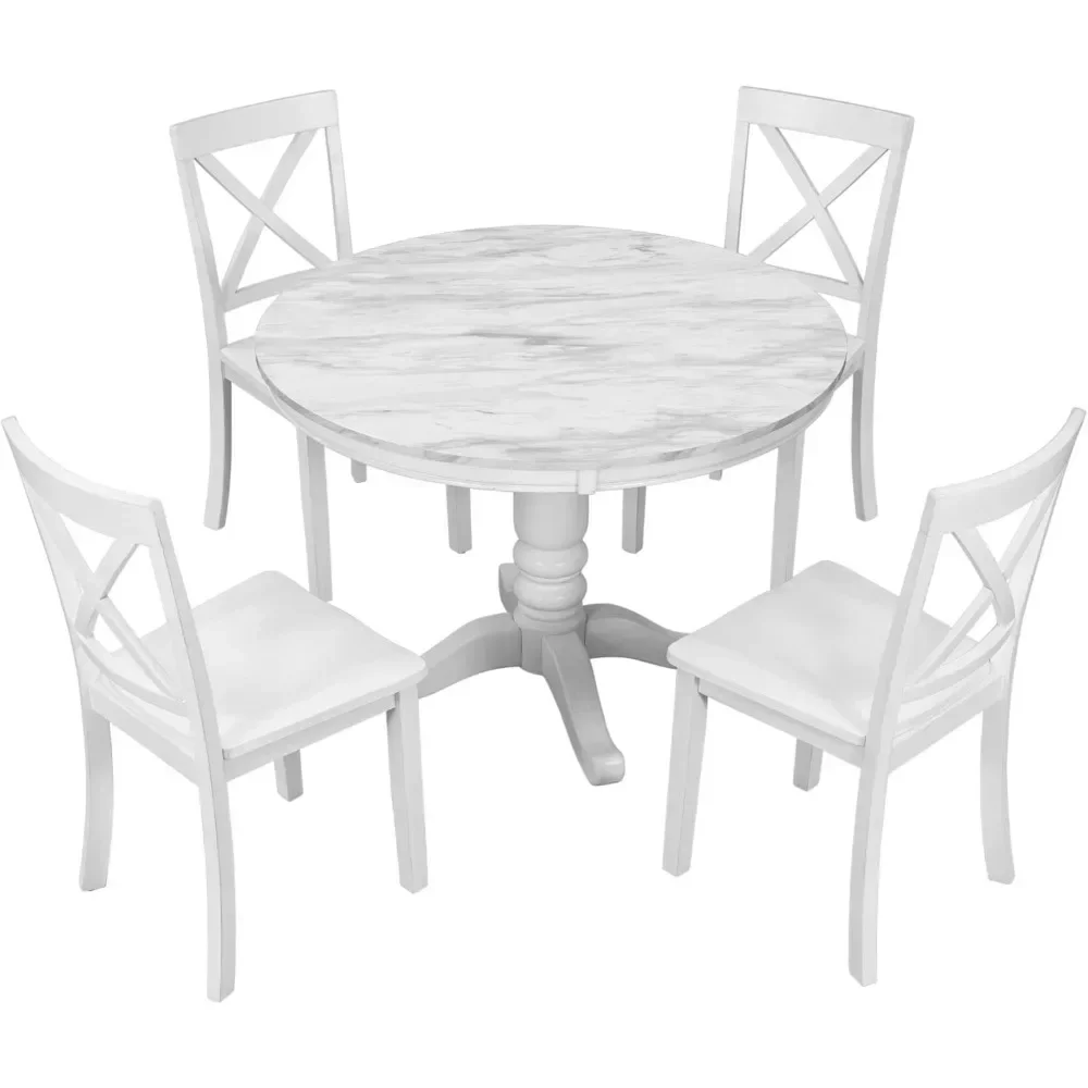 

5-Piece Round Table and Chairs Set, with Marble Veneer Top and Wood Frame ,Dining Table and Chairs