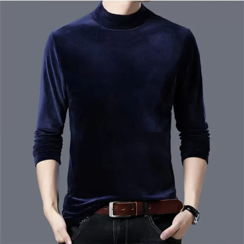 Autunm and Winter Men Casual turtleneck velvet Shirt Spring Fashion Long Sleeve velour Tee Tops Plus size Streetwear Camisetas