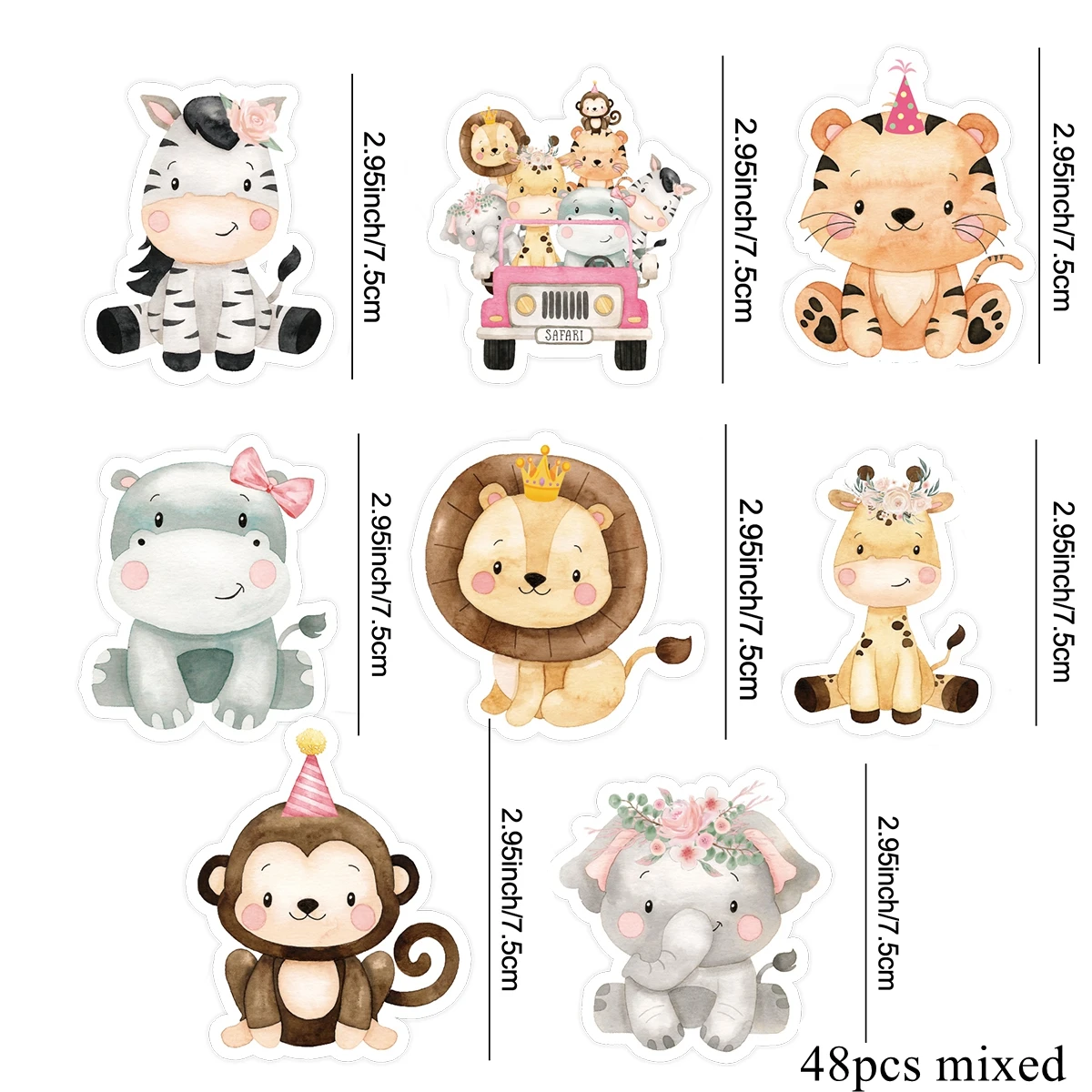 48pcs Pink Carton Animal Lollipop Cards Candy Holder Supplies For Girl\'s Wild Forest Happy Birthday Party Candy Gift Accessory