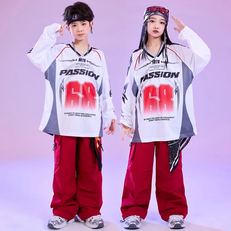 Kid Cool Hip Hop Clothing White Letters Sweatshirt Top Red Casual Wide Cargo Pants for Girl Boy Jazz Dance Wear Costume Clothes