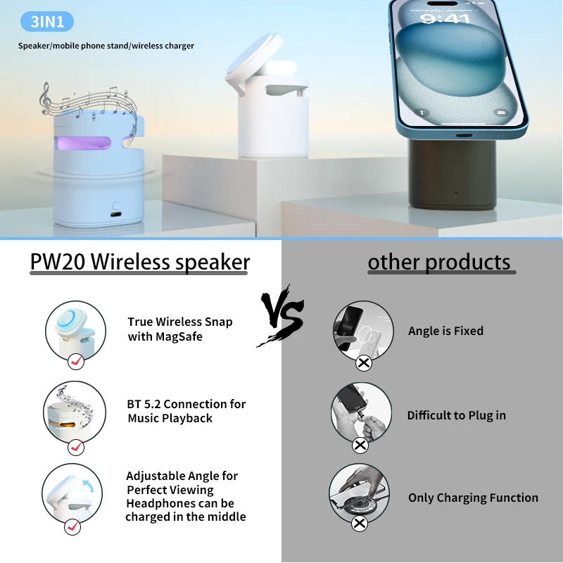 Pw20 multifunction wireless charger for desktop, earbuds, phone charger station, night light, lamp stand, new, 2024