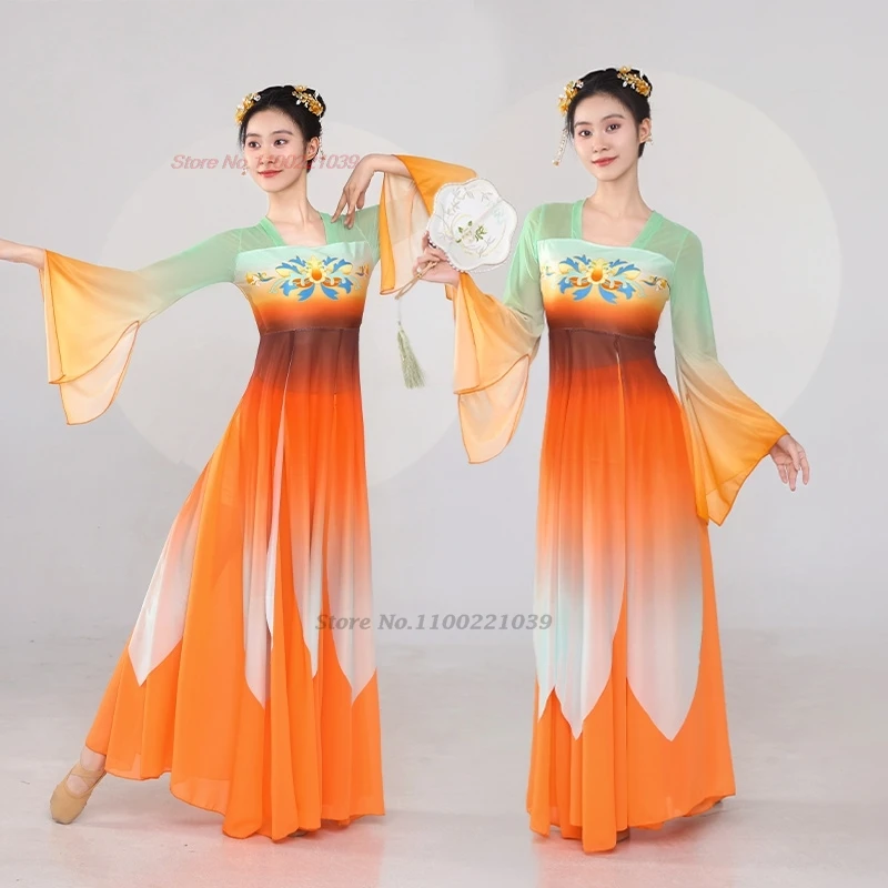 

2026 chinese vintage dance costume traditional flower print mesh ruqun hanfu tops+skirt set retro stage performance dance dress