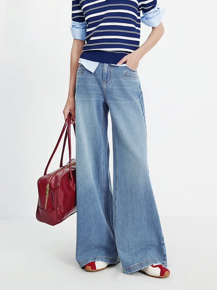 

Navigare Spring 2026 Women's Wide Leg Denim Jeans Elastic Blue Casual Sle l Waist Button Cotton Blend Spring Wear