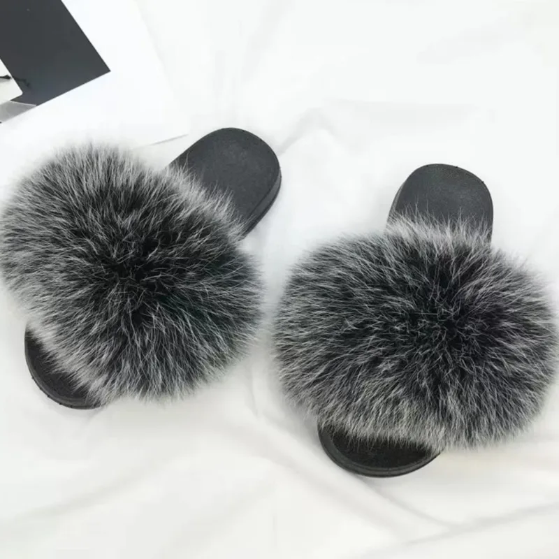 

Summer Real Fox Fur Slippers Ladies Plush Furry Fur Slides Women Fluffy Sandals Beach Outdoor Shoes Ladies Luxury Flip Flops