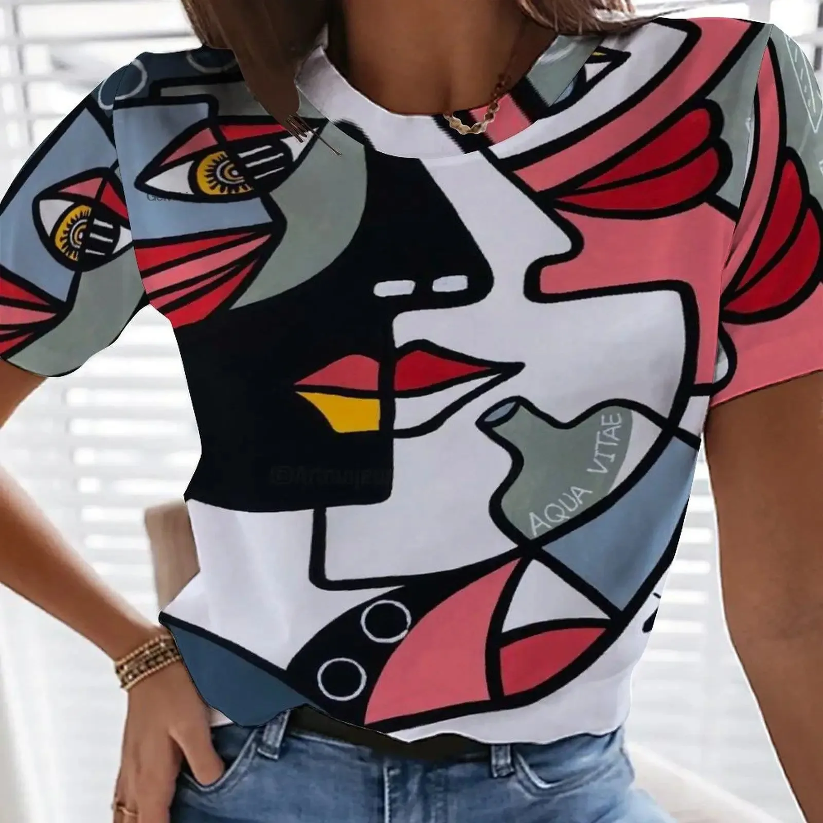 Picasso Abstract 3D Painting Vintage Elegant  Women's T-shirts Short Sleeve Fashion Trend Tees Casual O-neck Tops Female