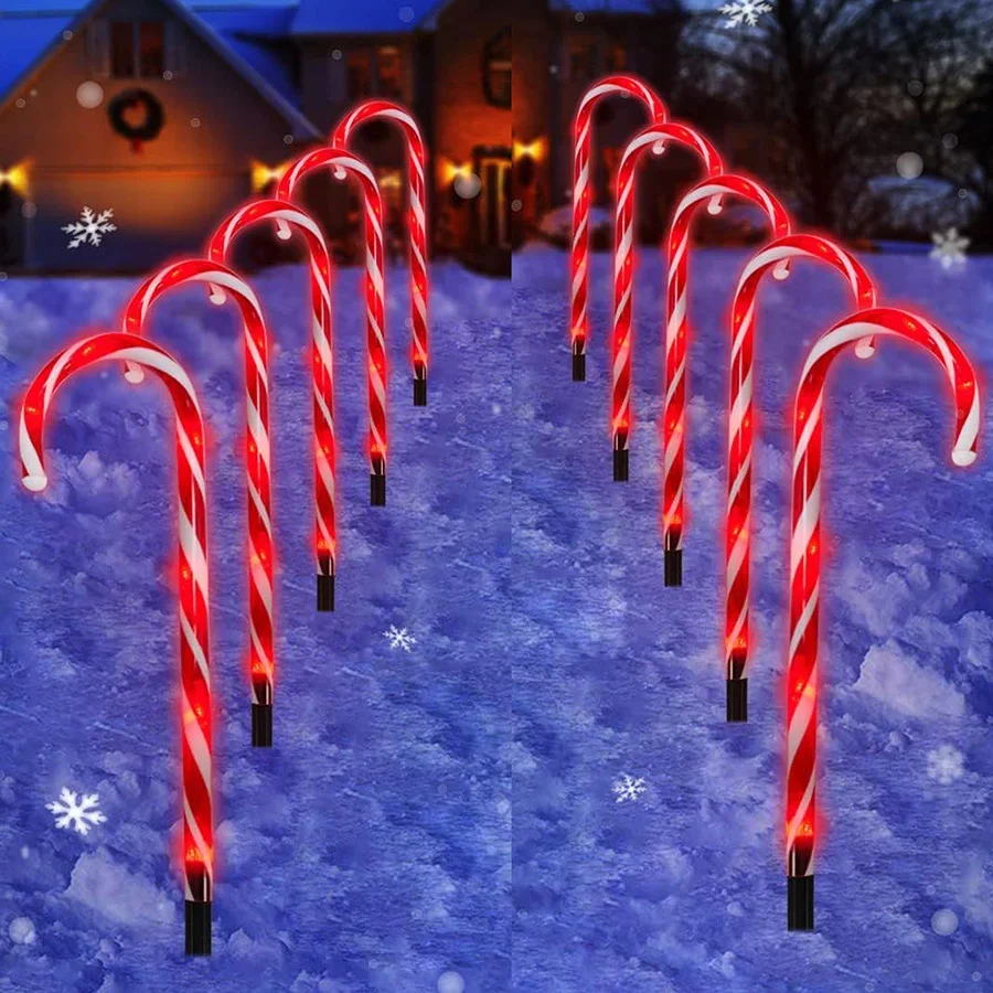 Set of 10 Christmas Candy Cane Light Outdoor Pathway Candy Cane Markers Light Plug in Candy Cane Lamp with Stake for Patio Decor