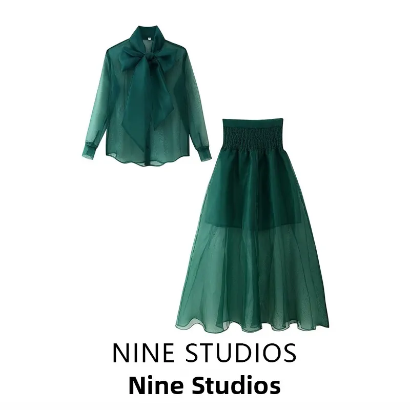 

NINE ZA Women's Faion Set Long Sve Knot irt Me Elastic Skirt Two-Piece Suit See tough Breathable Office ...