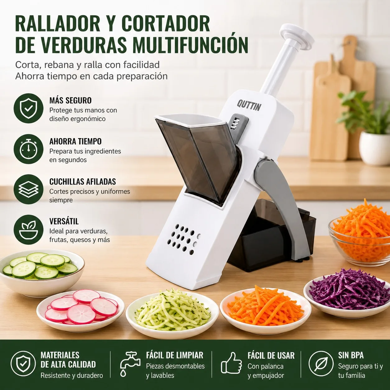 Coupe-légumes multifonction 4-en-1 avec lames en acier inoxydable, râpe manuelle sécurisée pour pommes de terre et salades, hachoir de cuisine ergonomique avec récipient, blanc