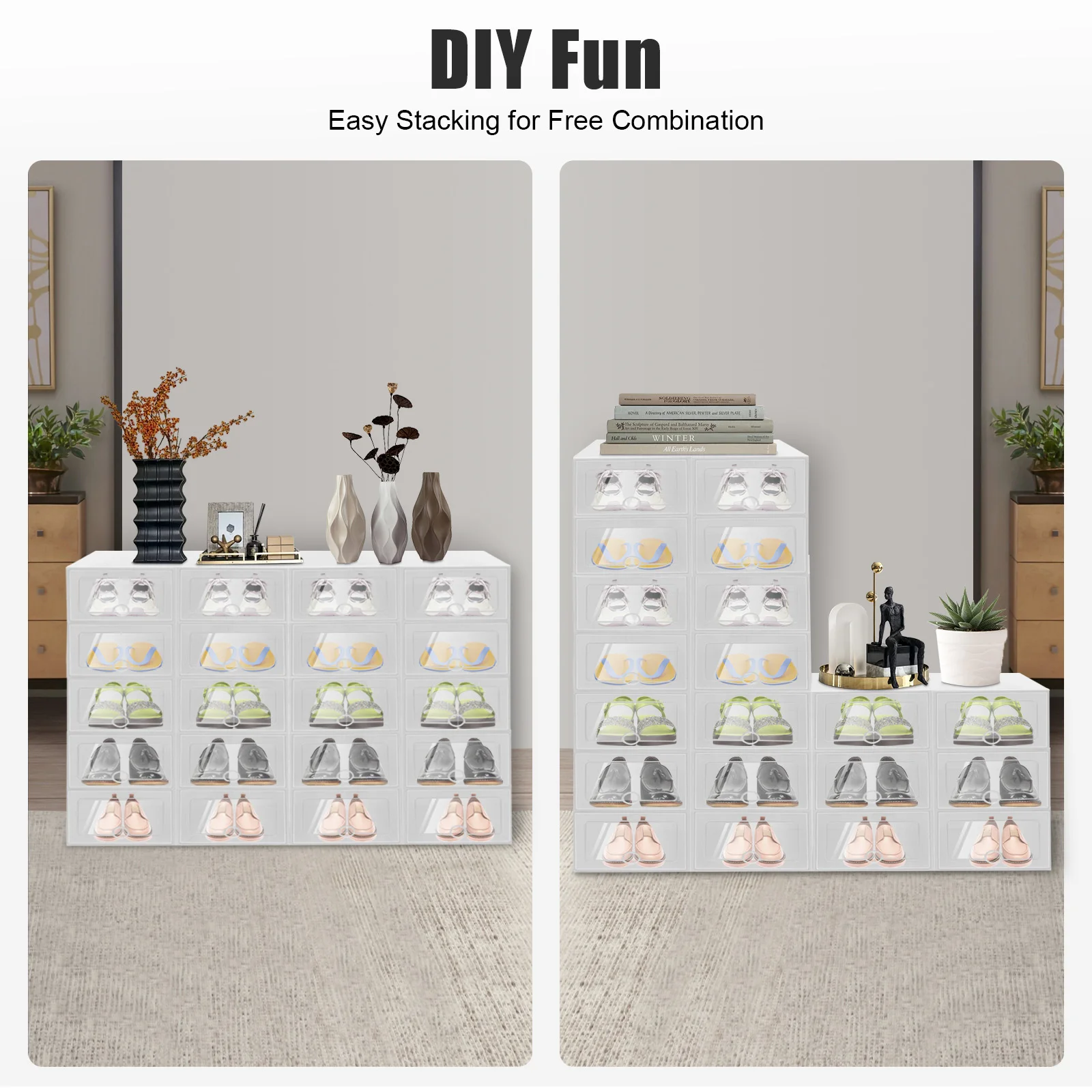 20PCS Foldable Shoe Box Transparent Plastic Shoes Storage Case DIY Dustproof Home Storage Container 32.6*24*14cm/12.83*9.45*5.51