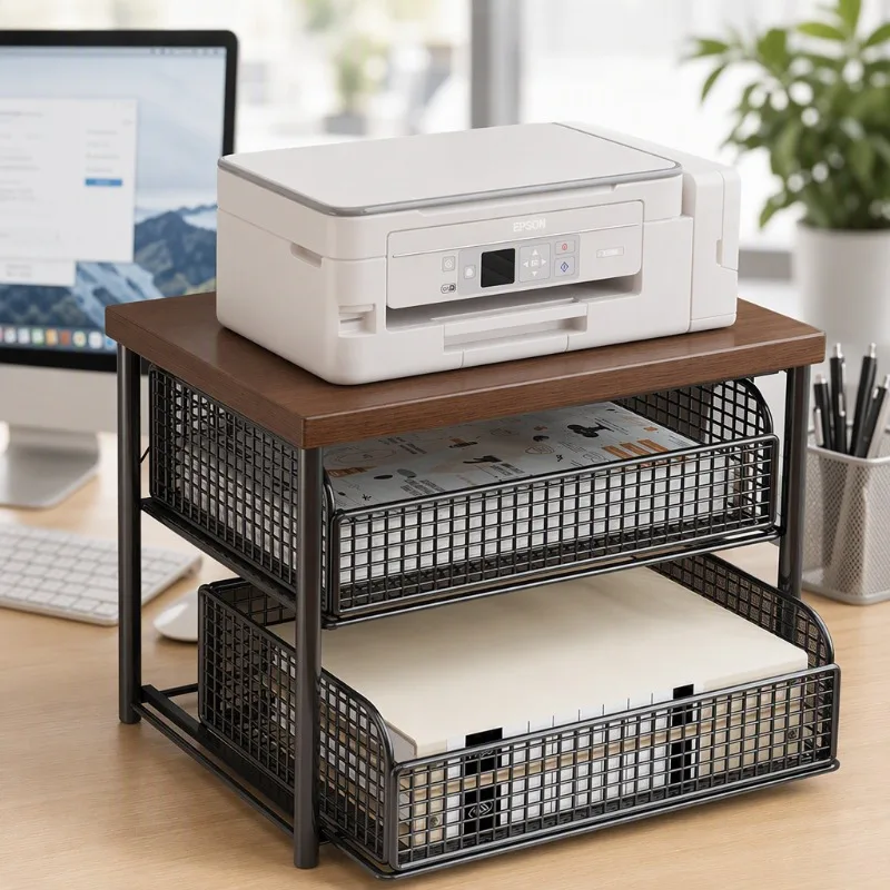 Desktop Shelving Office Printer Storage Rack Multi-layer Storage Wooden Panels