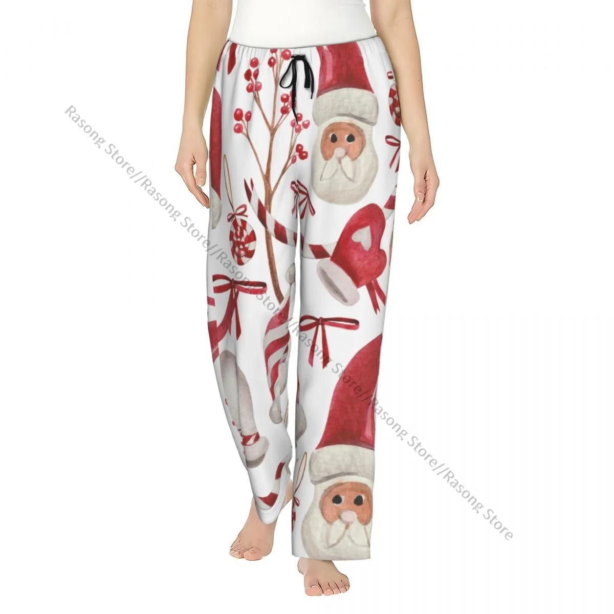 

Cozy Flannel Pajama Pants for Women Christmas Watercolor Santa Claus Candies Ribbons Sleep Bottoms Home Loungewear