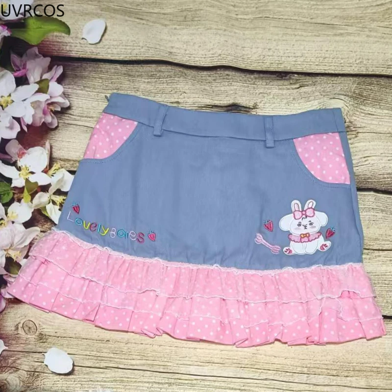 Harajuku Y2k Lolita Style Denim Skirts Women Pink Lace Polka Dot Ruffles Pleated Short Skirts Japan Sweet Party Mini Cake Skirt