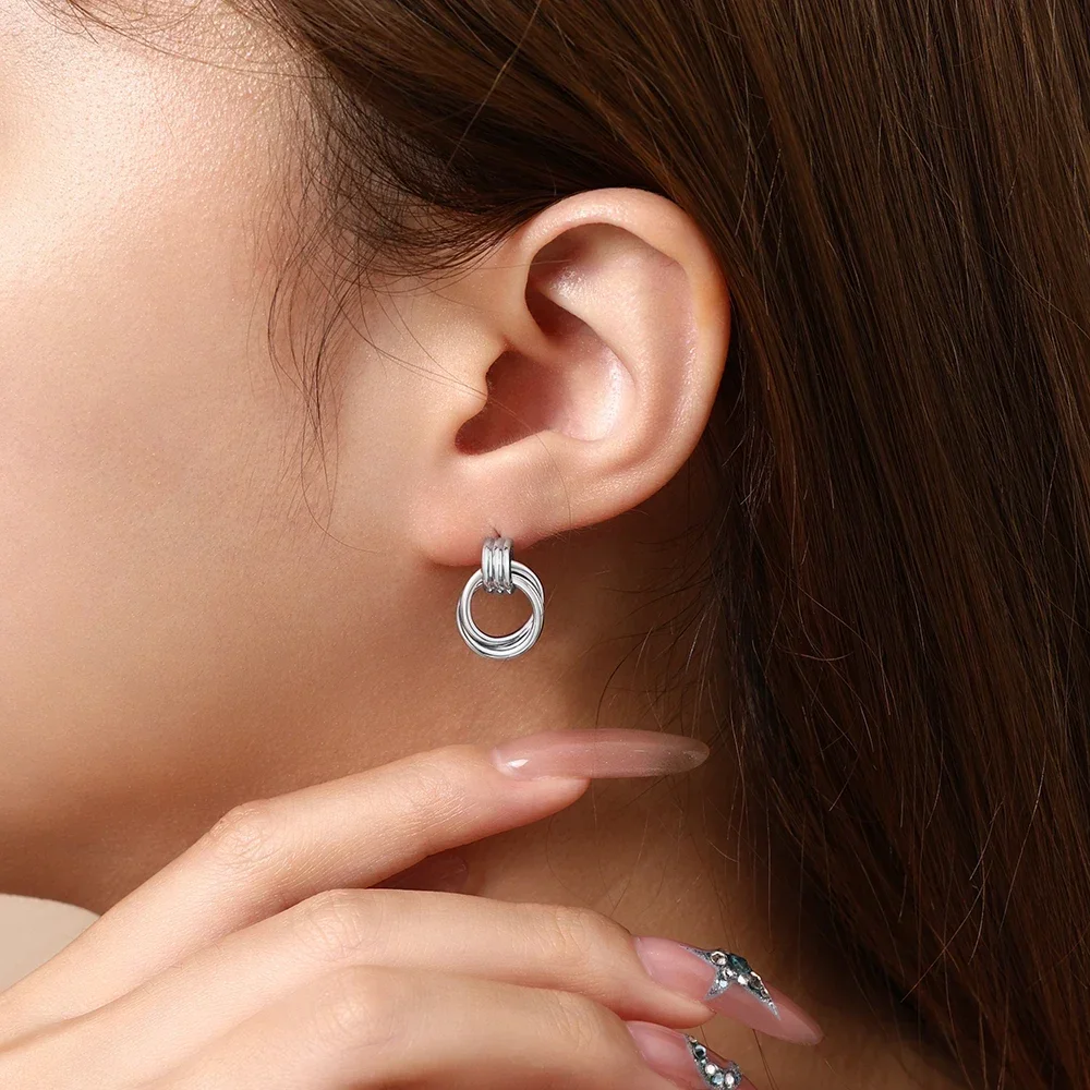FCGJHW Vintage Double Design S925 Silver Earrings 18K Gold Plated Steel Texture Geometric Stud Earring Women for Party 2026