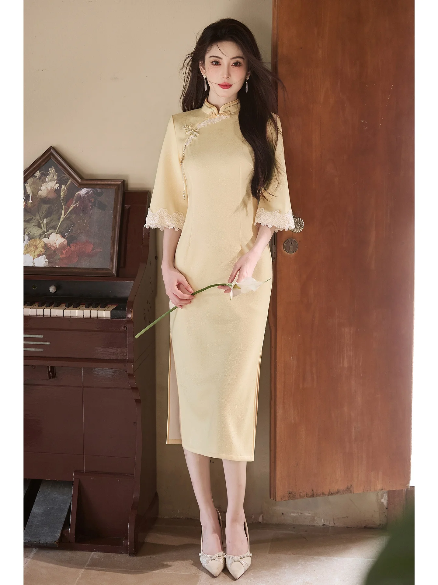

Ele Goose Yellow New Retro Sle Young Women's Chinese Dr Breathable Mid-Length Skirt Sve Seven-Length