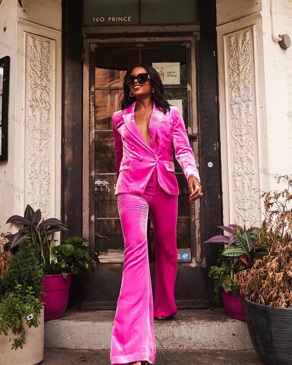 

Pink Velvet Women Suit Set Blazer+Pants 2 Pcs Wedding Tuxedos Double Breasted Formal Office Lady Coat Customized Prom Jacket