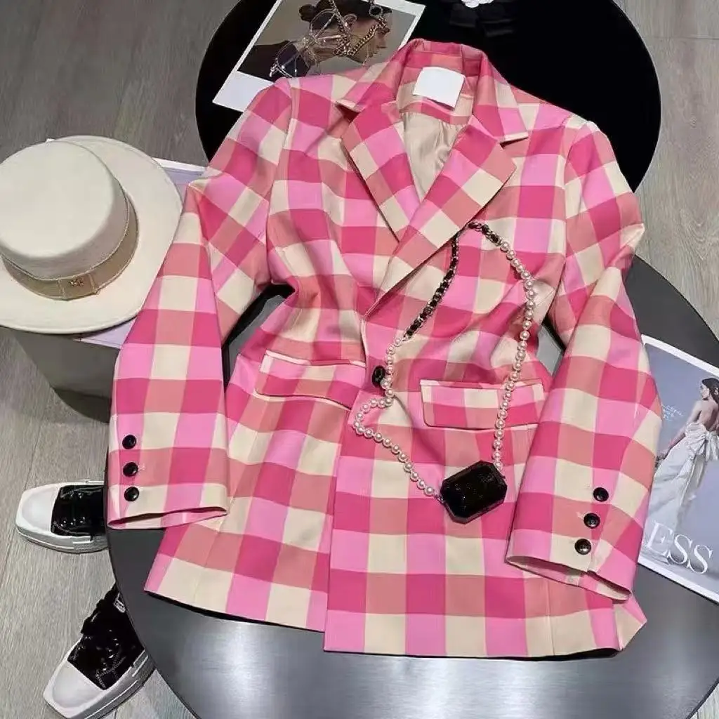 

Plaid Suit Jacket Mid-length Lapel Collar Single-breasted Grils Children 2026 New Spring Autumn Korean Loose Casual Sweet
