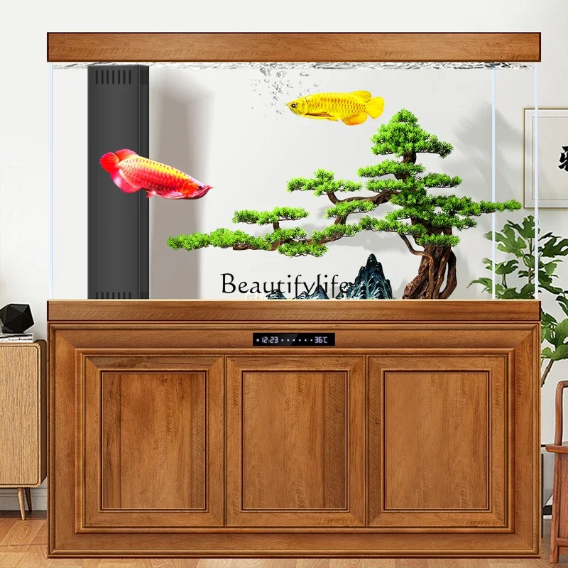 Retro Chinese large arowana tank ecological no-change aquarium box ultra-white glass solid wood cabinet