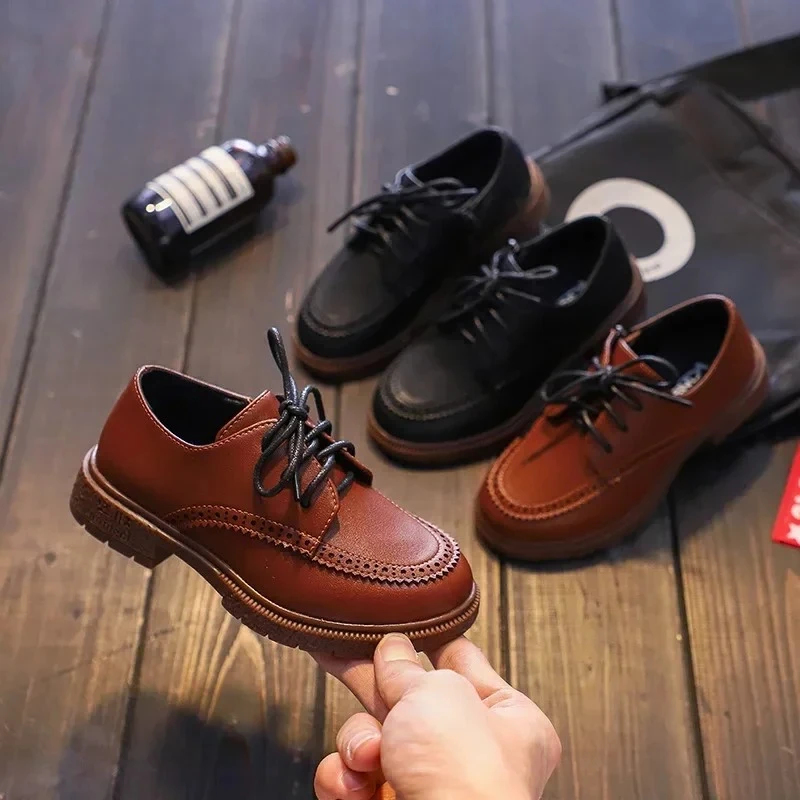

British Style Retro Kids Split Leather Shoes for Boys Lace Up Perform Dance Shoes Children Girl School Wedding Dress Oxford Shoe