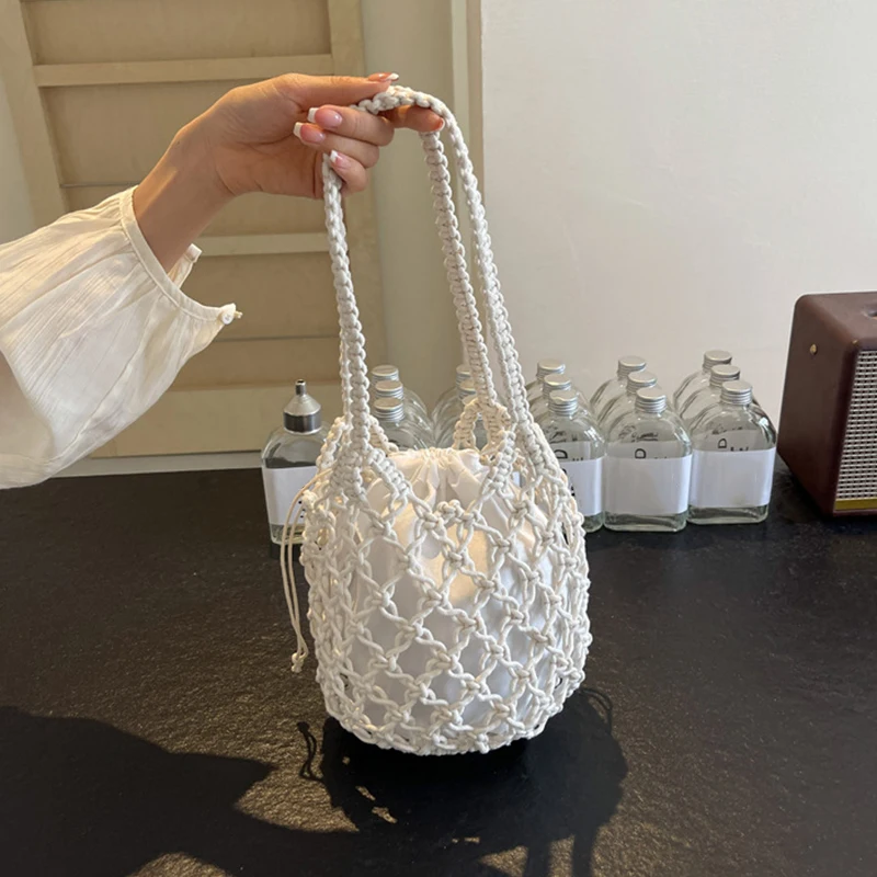 Ladies Summer Bucket Shoulder Bag Phone Purse Handmade Hollow Out Cotton Rope Crochet Bag Small Handbag For Women