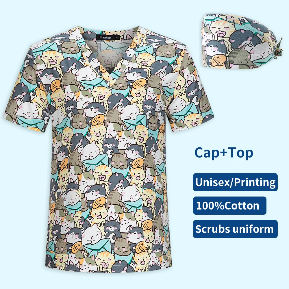 Cartoon Print Vrouwen Scrubs Uniform Chirurgische Top Ziekenhuis Arts Chirurgie Werkkleding Tandheelkundige Kliniek Kostuum Dierenverzorging