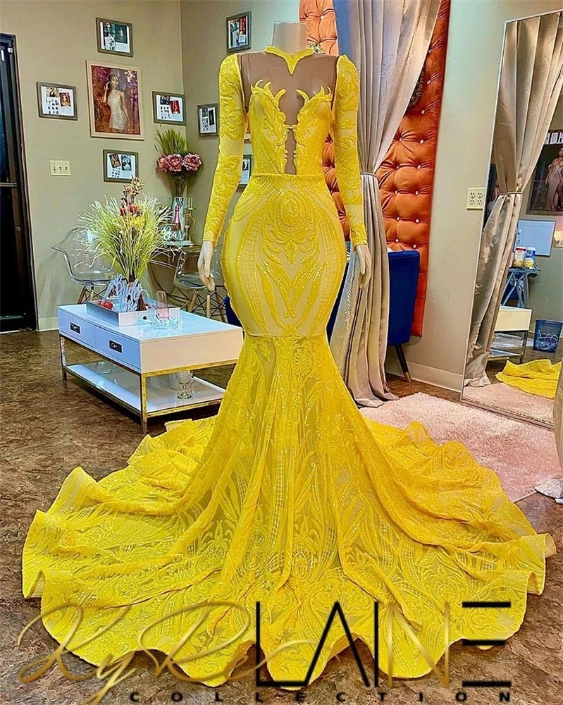 Yellow South African Prom Dresses Mermaid Long Sleeves Sequins Black Girls Robe De Soiree Evening Dresses Gown Customized