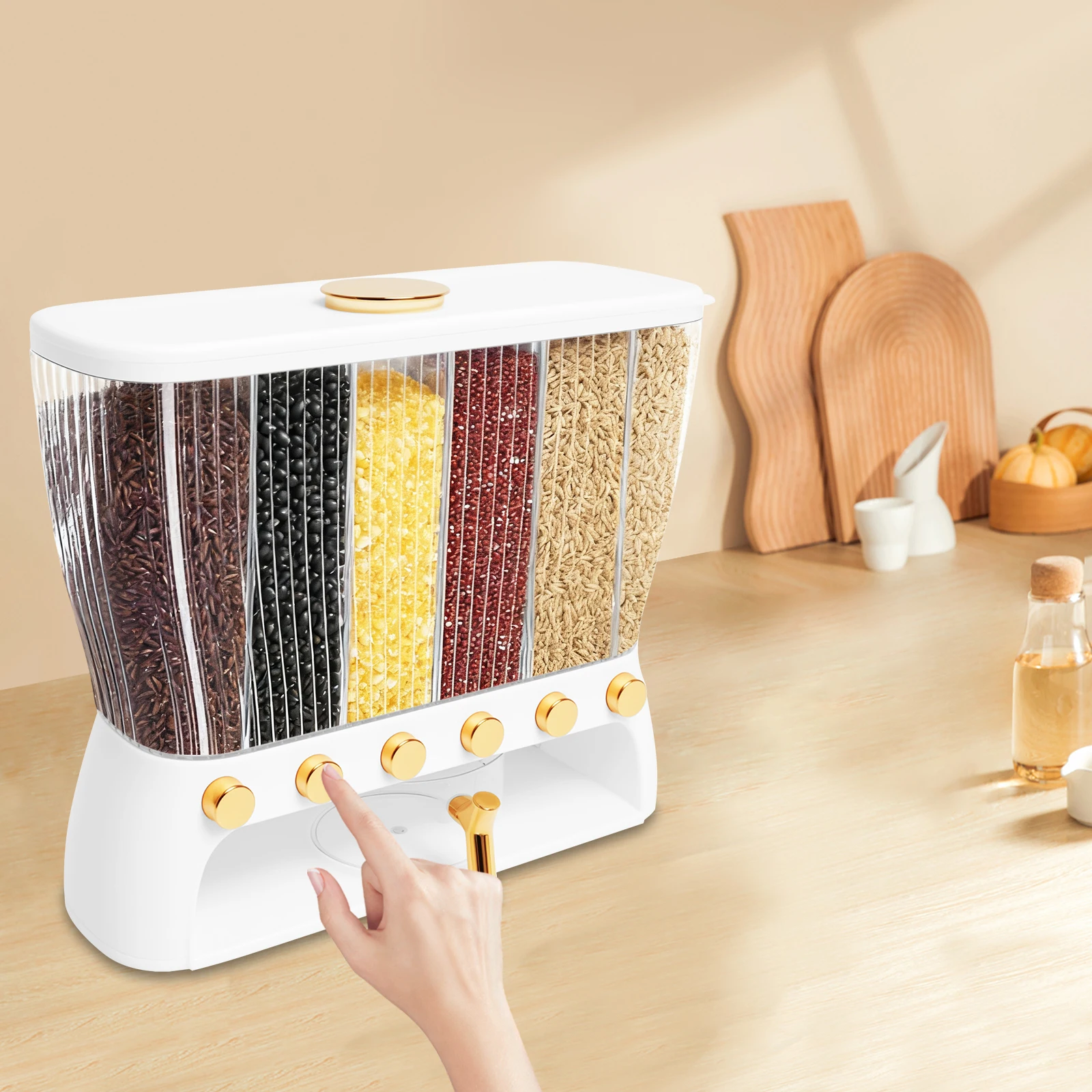 Dispensador de alimentos secos de 10 kg/22.05 lb con 6 compartimentos, caja de almacenamiento de granos montada en la pared de ABS, contenedor de cereales transparente con sistema de presión para cocina.
