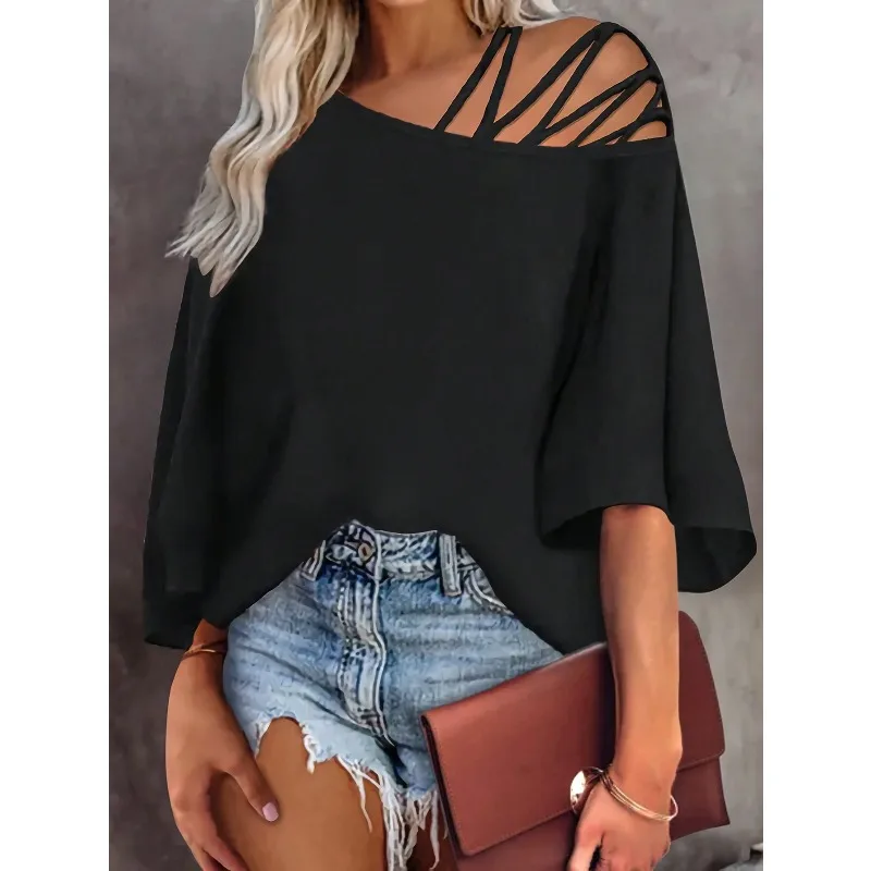 حجم كبير 1XL-5XL جديد المرأة عادية محبوك تي شيرت السيدات عادية غير المتماثلة الكتف حزام مزدوج المرأة تي شيرت