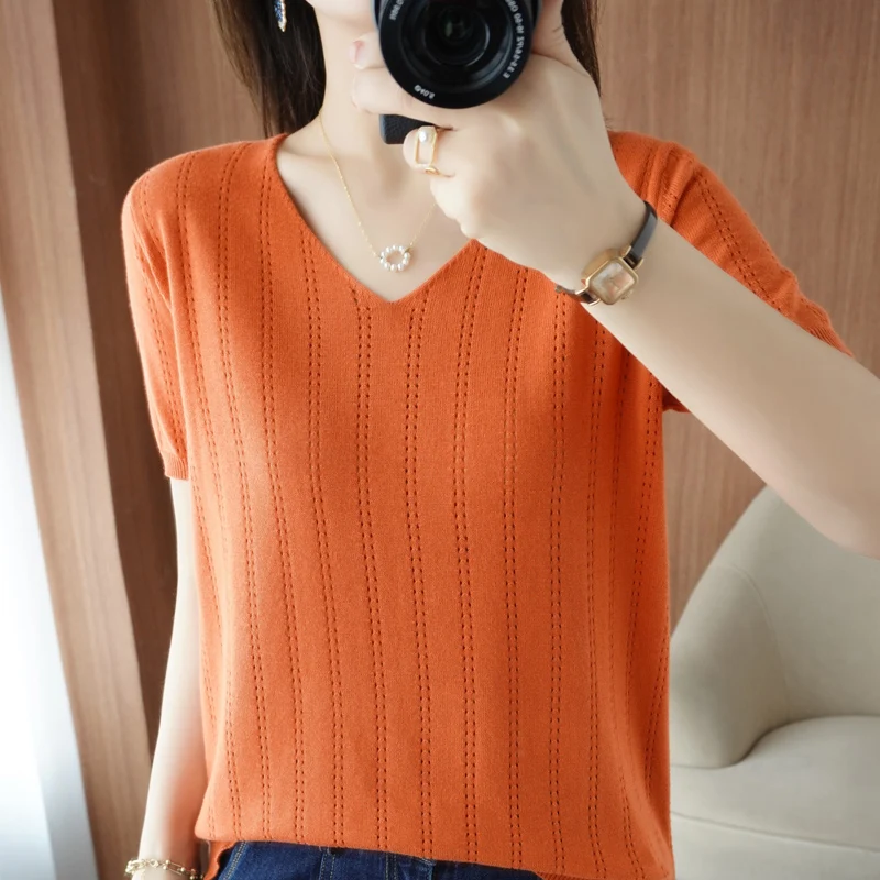 Summer New Thin 100% Pure Cotton Short-Sleeved Sweater Tees Women's V-neck Pullover T-Shirt Hollow Design Casual Knit Tops