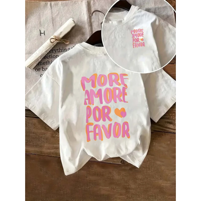 MORE AMORE POR FAVOR Women's Casual Short Sleeve Crew Neck T-Shirt Pink Print with Hearts Harajuku Casual Loose Short Sleeve