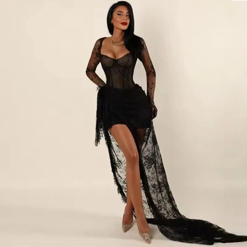 

Lace Court Train Evening Dresses Black Long Sleeve Customized Party Dresses Sweetheart Neck Side High Split Prom Dresses