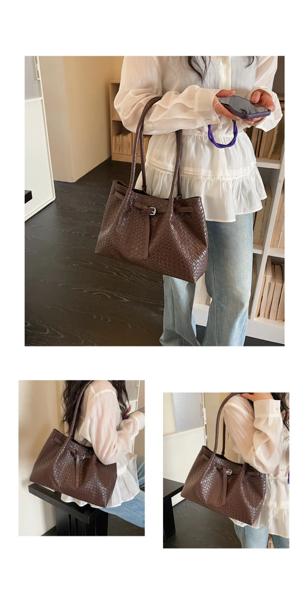 Schultertasche aus PU-Leder, elegante Retro-Handtasche mit großem Fassungsvermögen, erhältlich in 4 Farben, Einkaufstasche für den Arbeitsweg, Schule/Reisen/Arbeit – Detail 4