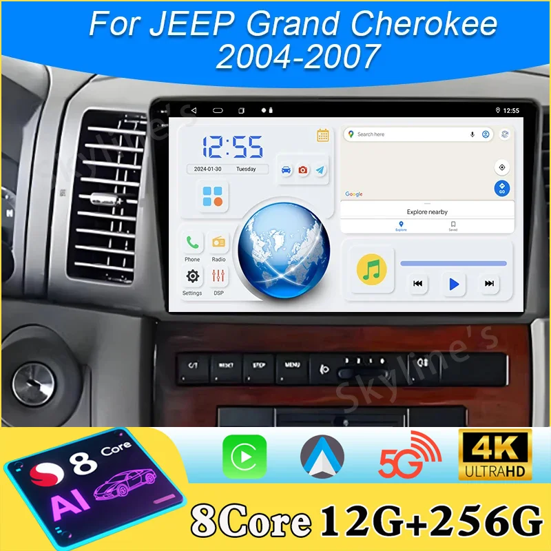 Radio Estéreo para Auto Android 16 de 8 Núcleos para JEEP Grand Cherokee 2004-2007, Reproductor Multimedia para Auto, GPS, Carplay, SIN Pantalla de DVD 2DIN