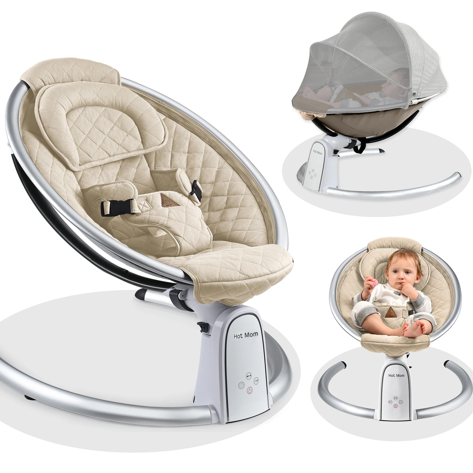 Hot Mom Upgrade Cotton Electric Baby Bouncer Bluetooth Automatic Swing Inset Music Speaker smart Timing & LED Touch display (Dark grey1)