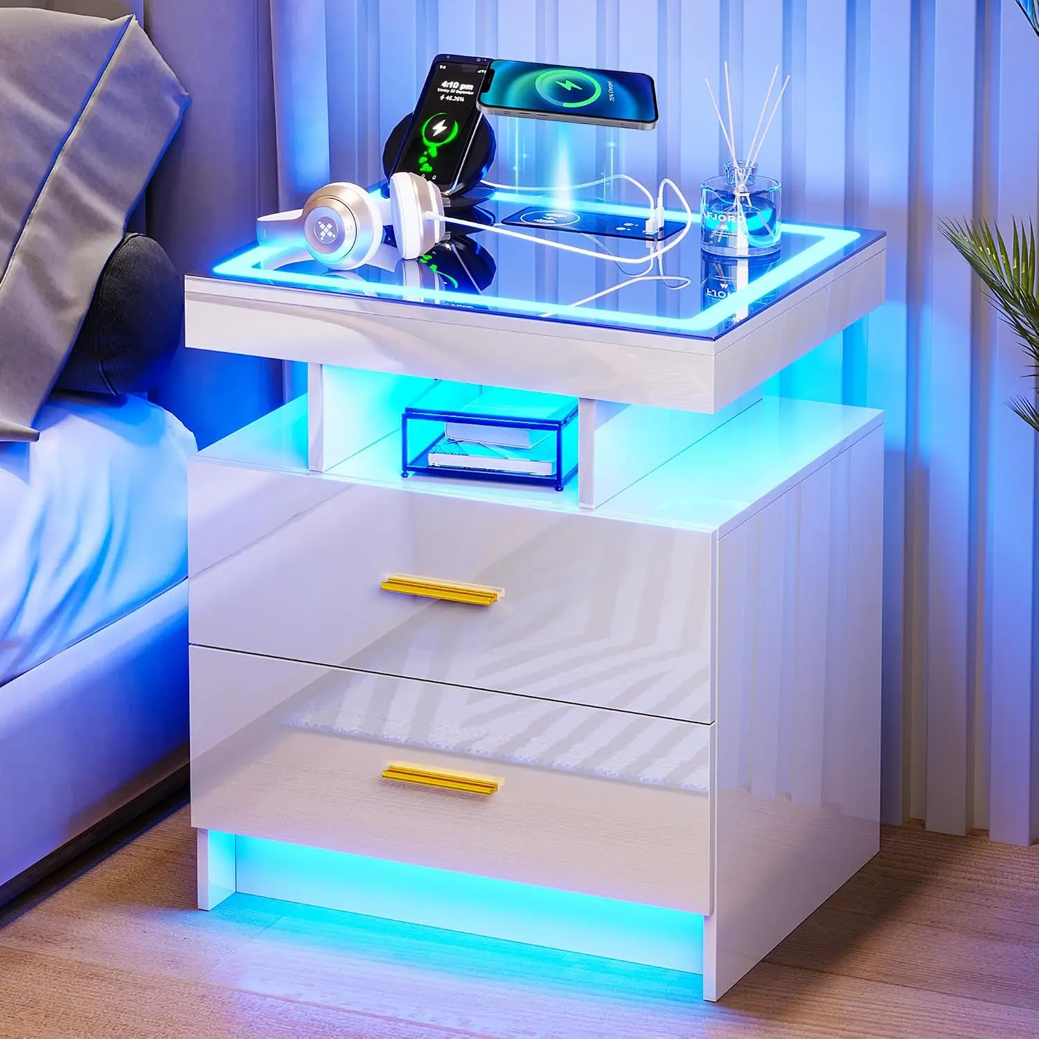 LED Nightstand with Charging Station (USB,Type-C Ports) High Gloss Bedside Table with 2 Drawers, Smart Night Stand, Customized