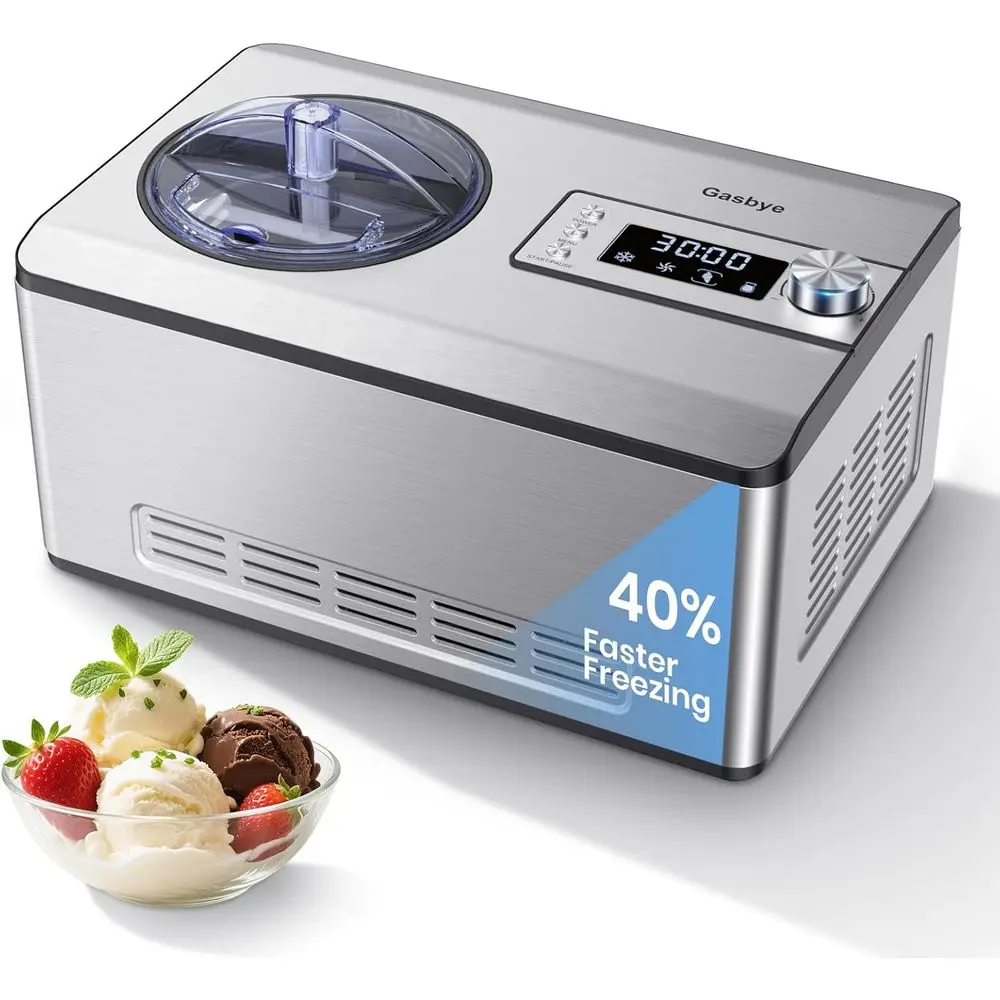 

Ice Cream Maker with Upgraded Compror, [40% aster reezing], No Pre-reezing Needed, LED Display, 2.1 Qt acity, Easy Operation or
