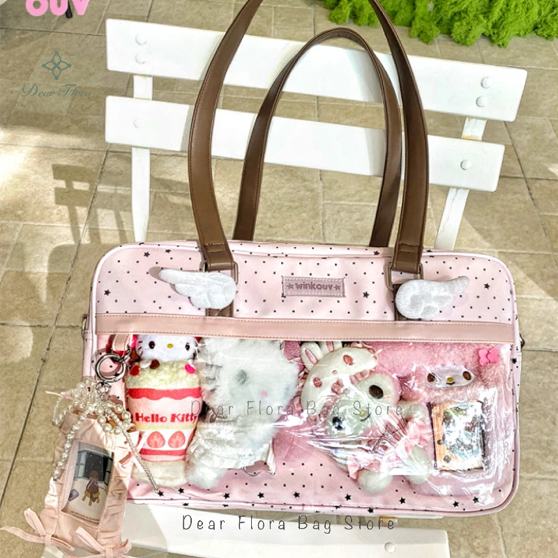 

New Cute Large Capacity Lace Ita Bag Lolita Girls Transparent Pocket Y2k DIY Badge Display Shoulder Bag Casual Polka Dot Handbag