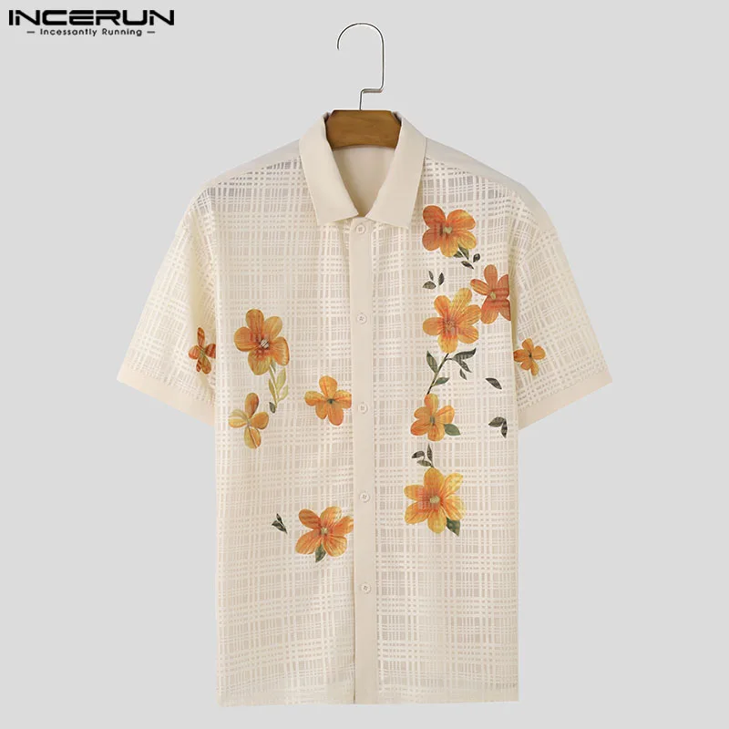 Casual Stylish Style Tops INCERUN Men's Floral Mesh Irregular Stripe Shirt Summer Streetwear Hot Sale Short Sleeved Blouse S-5XL