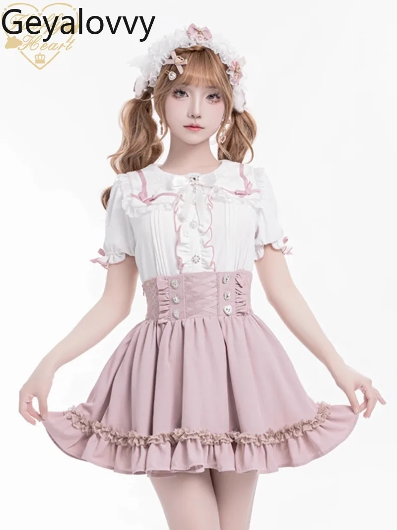 

Sweet Girls Versatile Lace Single-breasted Shirt Japanese Solid Color Lapel Slimming Blouse Summer Short Sleeve Top Camisas